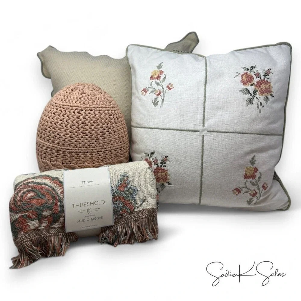 Square Cross-Stitched‎ Floral Pillow Green/Pink - Threshold Studio McGee, Target